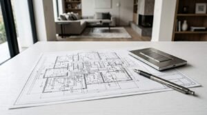 Smart home light switch keypad and mechanical pencil resting on house electrical wiring blueprints on a white table