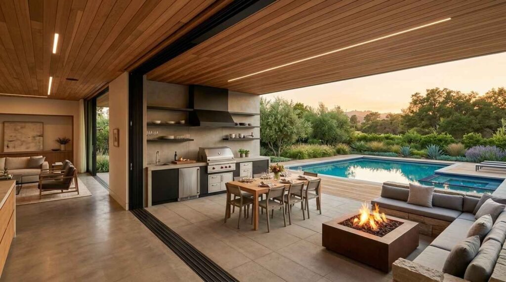 Modern covered patio with an outdoor kitchen, dining table, steel fire pit, and sectional seating beside a swimming pool
