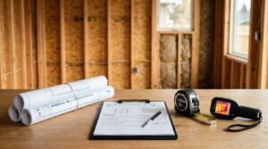 A quality inspection station on a wooden table inside an active construction build, featuring rolled Modern ADU blueprints, an inspection checklist on a clipboard, a tape measure, and a thermal imaging camera