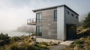 Modern two-story coastal house on a foggy cliff featuring grey fiber cement panels, corrugated metal siding, concrete foundation, and a oceanview balcony