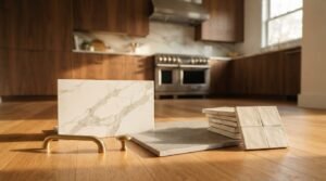 Kitchen remodeling material samples displayed on wood flooring, featuring a white marble countertop slab, brass hardware pulls, stone tile, and ceramic tiles with a luxury modern kitchen in the background.