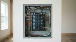 A recessed residential electrical breaker panel with neatly organized circuit breakers, copper grounding wires, white neutrals, and black hot wire runs inside an open metal enclosure set into a white wall
