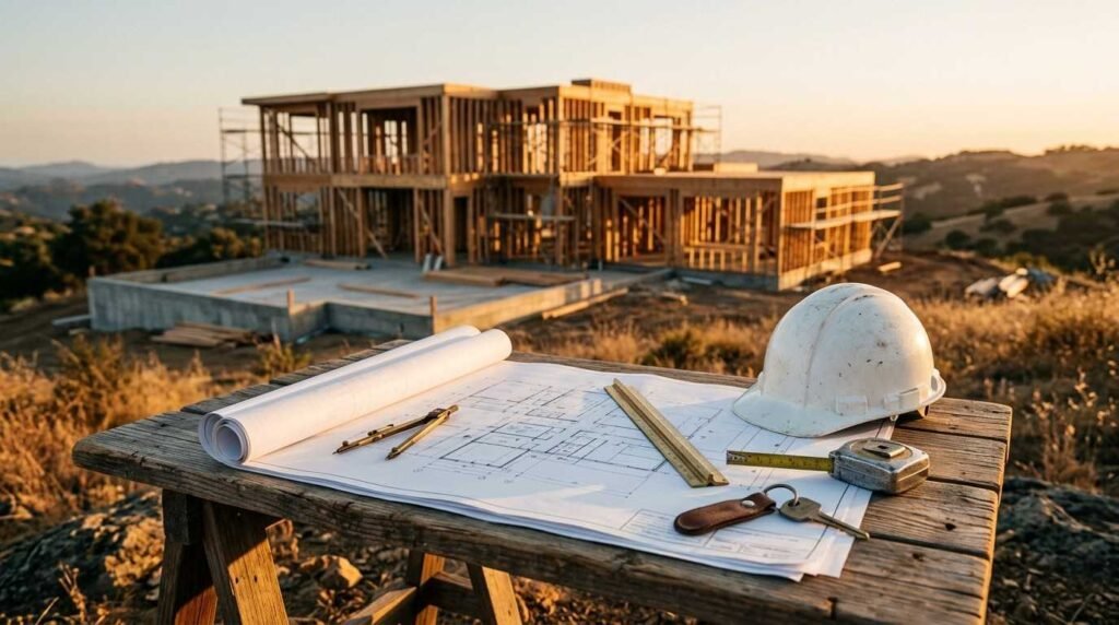 Outdoor wooden jobsite table featuring architectural blueprints, a white hard hat, a drafting compass, a scale ruler, measuring tape, and keys with a residential wood-framing construction site and hills in the background.