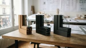 Three corner cross-section samples of double-glazed window frames—wood, matte black aluminum, and textured dark grey metal—displayed on a wooden worktable