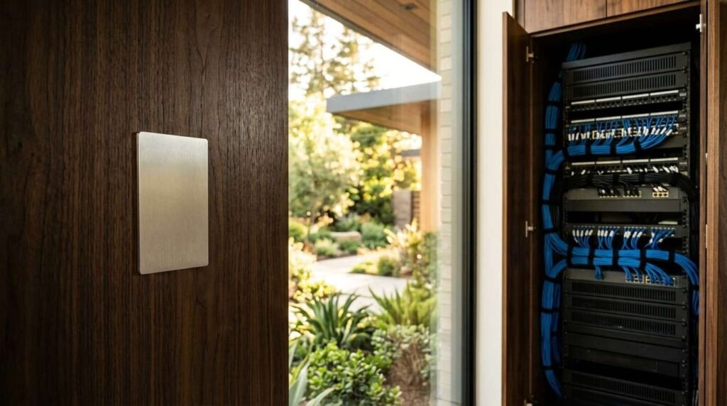 Modern smart home control panel mounted on a dark wood wall alongside an open AV network server rack cabinet