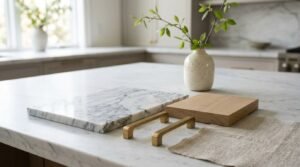 Interior design material palette with a marble slab, light wood block, brushed brass cabinet pulls, and linen fabric swatch arranged on a marble kitchen island beside a vase with green branches