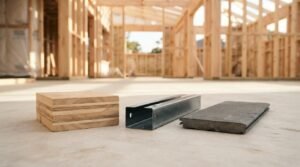 Sample blocks of cross-laminated timber, a steel C-channel stud, and dark composite decking lined up on a concrete floor inside a timber-frame construction site