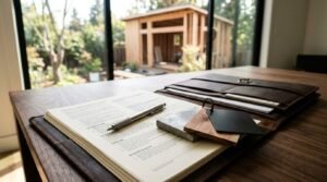 A builder quality evaluation checklist, drafting pencil, leather contractor portfolio, and material sample swatches resting on a walnut desk facing a backyard ADU under construction