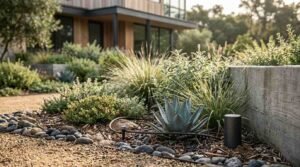 Water-efficient drip irrigation tubing watering native drought-tolerant plants, ornamental grasses, and an agave in a landscaped garden bed with mulch, river rocks, and a modern home exterior in the background.