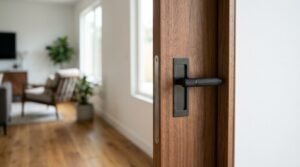 A close-up of a modern walnut sliding pocket door featuring a knurled matte black lever handle and recessed flush pull plate, opening into a sunlit contemporary living room