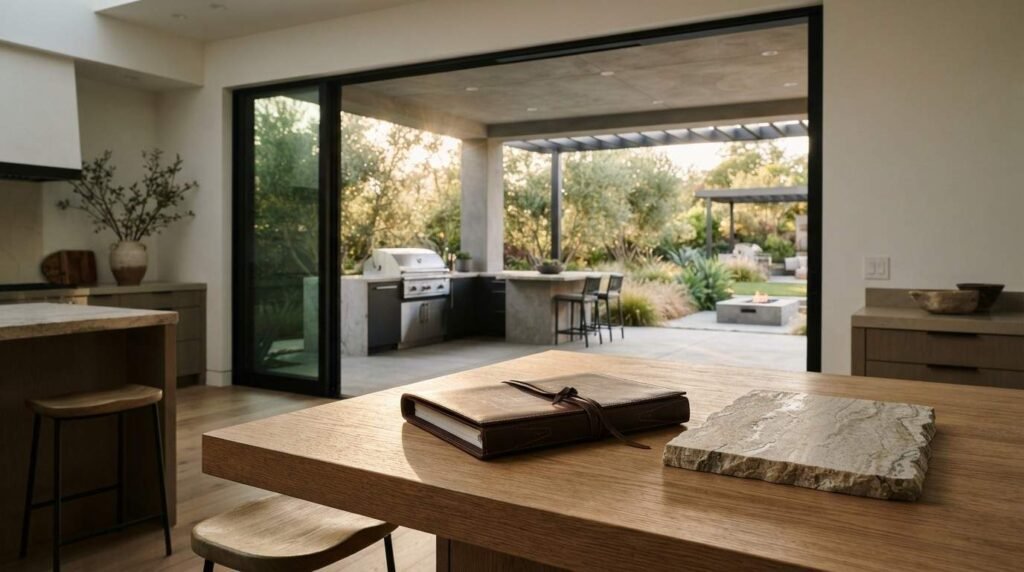 Leather-bound journal and a rough-cut stone slab resting on a wooden kitchen island with large sliding glass doors opening to a covered patio and backyard