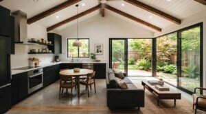 An open-concept modern ADU interior featuring vaulted ceilings with exposed wood beams, a matte black kitchen with open shelving, polished concrete floors, and sliding glass doors opening to a lush backyard garden