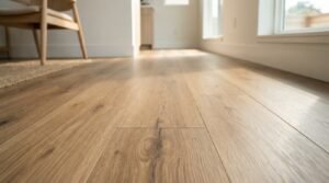 A low-angle close-up view of wide-plank light oak luxury vinyl plank (LVP) flooring showcasing detailed wood grain textures, bevels, and natural daylight in a modern interior