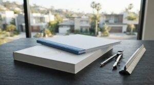 Two bound architectural plan books, a drafting compass, and an aluminum scale ruler resting on a dark slate desk overlooking a luxury suburban neighborhood through a window