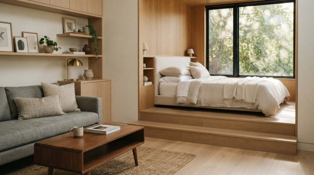 A modern studio apartment interior featuring an elevated wooden platform bed nook with integrated shelving and a window next to an open living area with a gray sofa and mid-century coffee table