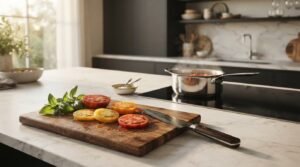 Sliced heirloom tomatoes and fresh basil on a wooden cutting board with a chef's knife, next to a steaming pot on a cooktop inset into a marble kitchen island.