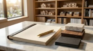 Leather-bound presentation ledger and brass pen on a marble desk next to marble, wood, and dark stone sample swatches in an architectural studio