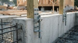 Heavy-duty galvanized steel hold-down bracket with threaded anchor rod securing a wooden framing post to a poured concrete foundation wall