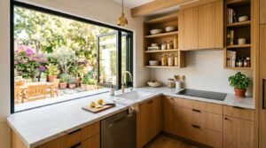 Compact modern L-shaped kitchen with natural light oak cabinetry, marble countertops, and a folding pass-through window opening to an outdoor patio