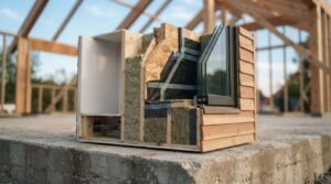 Cross-section model of an energy-efficient wall assembly displaying triple-glazed windows, mineral wool insulation, weather-barrier membranes, and wood siding on a concrete slab at a house construction site