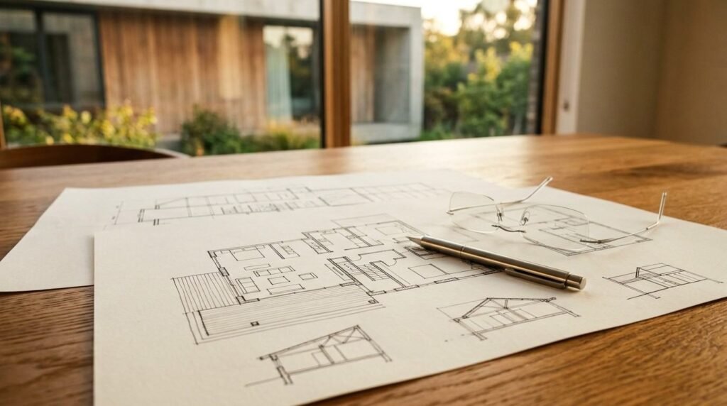 Architectural house floor plans with section sketches, a stainless steel pen, and rimless eyeglasses resting on an oak table by a window