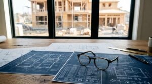 A pair of tortoiseshell reading glasses resting on architectural blueprint schematics and a window schedule table on a wooden desk, overlooking a timber-frame house under construction through the window