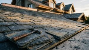 A specialized slate hammer resting on stacked natural stone slate roof tiles during installation on a high-end residential roof.