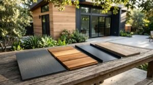Exterior siding material samples—including charcoal wood-grain fiber cement, natural cedar cladding, black standing seam metal panel, and light oak composite—displayed on a rustic outdoor table in front of a modern backyard ADU