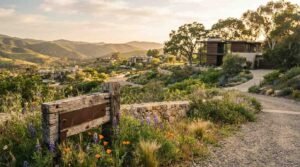 Scenic hillside residential landscape featuring a weathered wooden post and stone property marker surrounded by wildflowers, with a modern custom home, stone retaining wall, and rolling mountain range in the background.