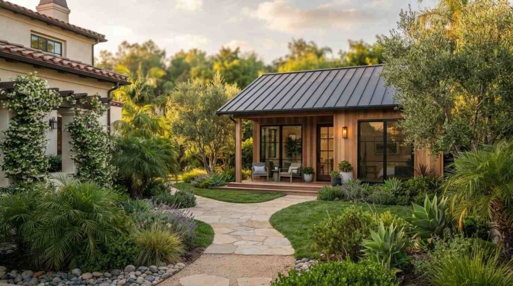 A modern detached backyard ADU guest cottage featuring natural vertical wood siding, a dark standing seam metal roof, and a covered porch connected by a flagstone walkway through a lush landscaped garden