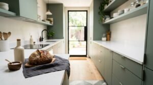 A narrow galley kitchen with sage green flat-panel cabinetry, white quartz countertops, open shelving, and a loaf of artisanal sourdough bread on a cutting board leading toward a glass door to a backyard
