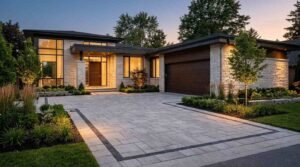 Modern custom home exterior at dusk featuring an elegant stone paver driveway, glowing front entrance, large glass windows, and integrated landscape lighting.