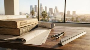 Stacks of architectural blueprints, a brass drafting compass, and a triangular scale ruler resting on a wooden desk next to copies of the California Building Standards Code Title 24, with a city skyline visible through a large window.