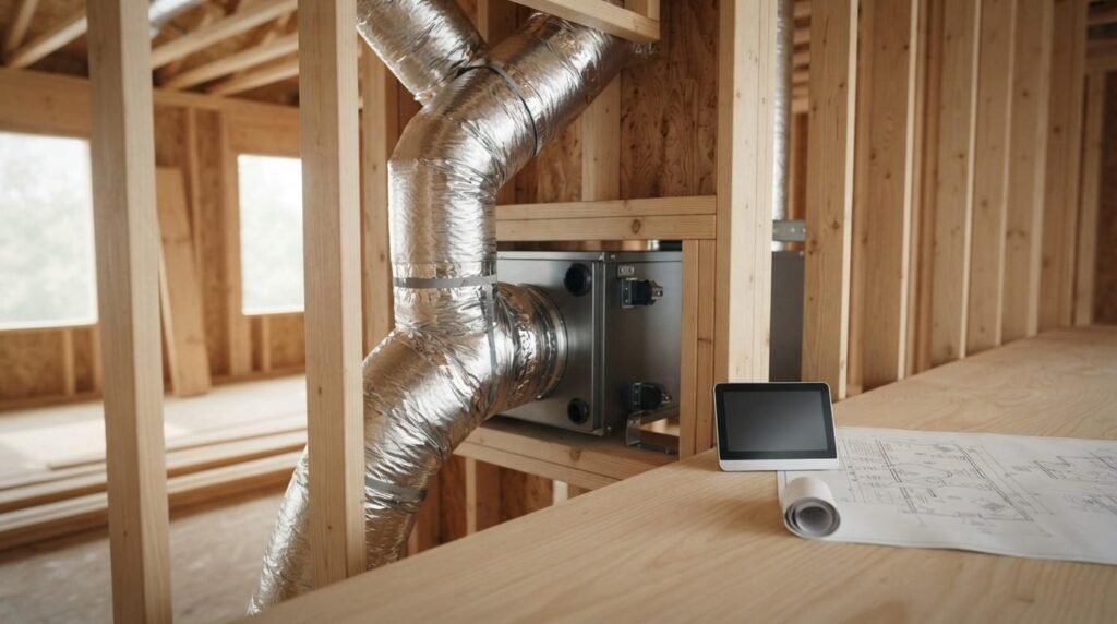 Flexible silver metallic HVAC ductwork connected to an air handler unit inside wood wall framing, with architectural blueprints and a tablet on a workbench during home construction.