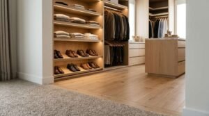 Luxury walk-in closet featuring custom light wood cabinetry, integrated LED shelf lighting, organized shoe shelving, hanging garment racks, and a central island with hardwood flooring.