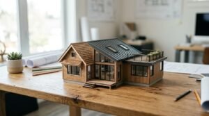 A detailed architectural scale model of a modern timber-clad house featuring a black standing seam roof, roof terrace garden, and large glass windows resting on a designer's wooden desk