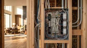 Open electrical panel wired with white NM cables and copper ground wires installed inside a wooden stud wall during residential construction with a finished living space visible in the background.