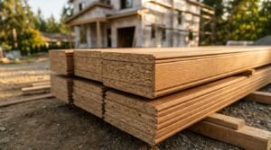 Stacked wood composite siding panels with tongue-and-groove edges stored on a construction site in front of a residential building under renovation.