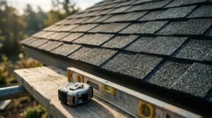 A measuring tape and a spirit level resting on a wooden scaffold with newly installed dark asphalt shingles on a residential roof in the background.