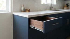 An open matte navy blue kitchen cabinet drawer revealing solid walnut dovetail joinery, side-mounted metal drawer glides, and a brushed brass pull handle beneath a white quartz countertop