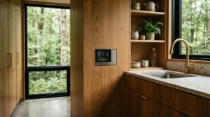 Modern kitchen with custom oak cabinetry, terrazzo countertops, brass faucet, and an in-wall smart home control panel overlooking a forest