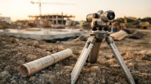 An optical surveyor's automatic level mounted on an aluminum tripod next to rolled blueprint plans on uneven dirt, with an active construction site, foundation slab, and crane in the background at sunset