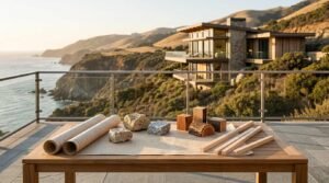 Outdoor wooden table on a balcony featuring rolled topographic blueprints, natural stone blocks, wood samples, and framing timber with a modern coastal home and ocean view in the background.