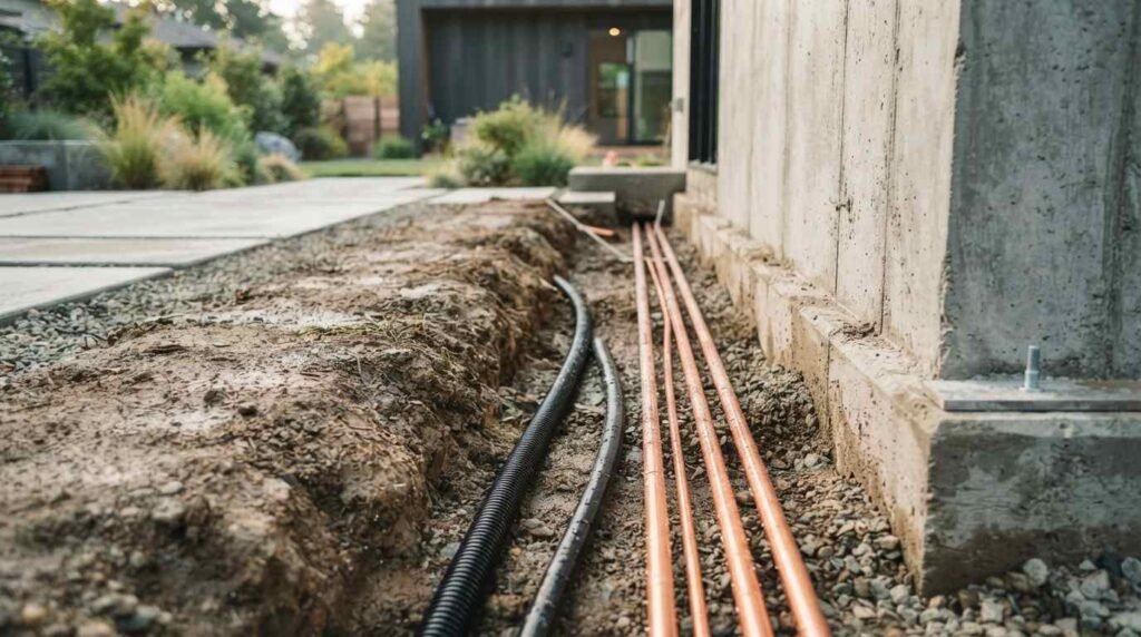 Copper water service lines and black flexible corrugated conduit laid along an excavated dirt trench beside a poured concrete building foundation wall