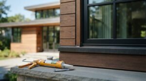 A yellow caulking gun, sealant jar, and utility knife resting on a stone window ledge next to fresh silicone sealant applied along wood cladding and black window trim