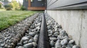 A perforated black corrugated French drain pipe set in a river rock gravel trench along a concrete house foundation slab next to a green lawn