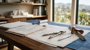 Architectural blueprints spread on a wooden desk alongside building permit documents with binder clips, a drafting compass, silver pen, rubber stamp, and scale ruler