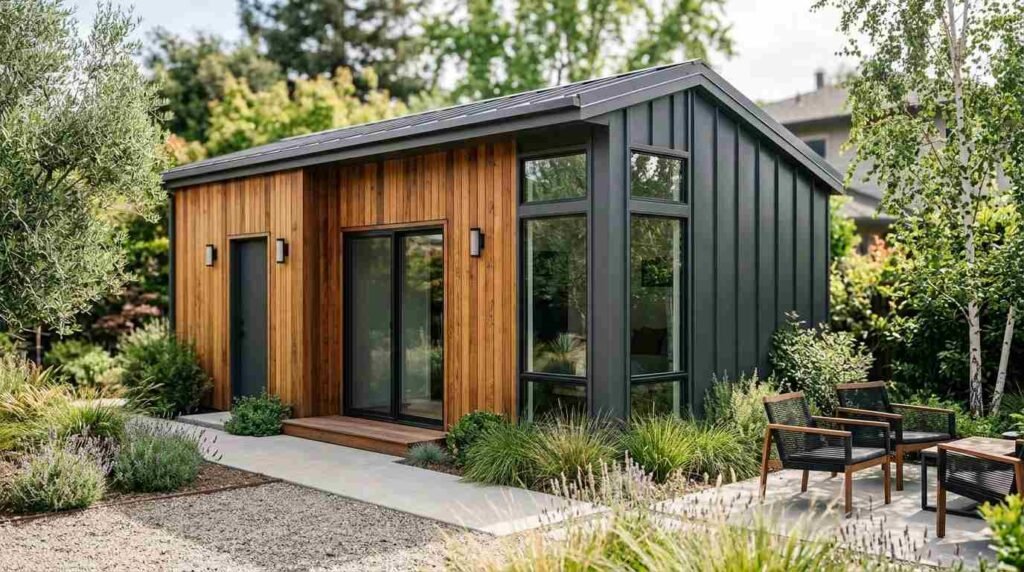 A modern prefab backyard ADU featuring vertical natural cedar wood siding, matte charcoal standing seam metal cladding, corner picture windows, and a landscaped patio with outdoor seating