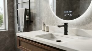 Smart bathroom vanity upgrade featuring an integrated illuminated mirror with digital temperature controls, a modern matte black touchless faucet, and a clean marble countertop in a luxury master bathroom.