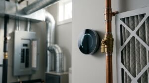 Smart thermostat installed on a wall near copper plumbing pipes, a shut-off valve, an air filter, and mechanical room infrastructure including electrical panels and HVAC ductwork.